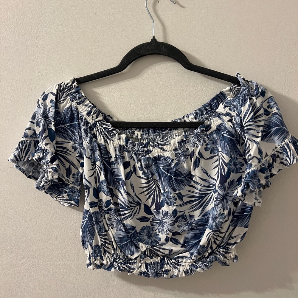 Tropical blue and white off the shoulder crop top